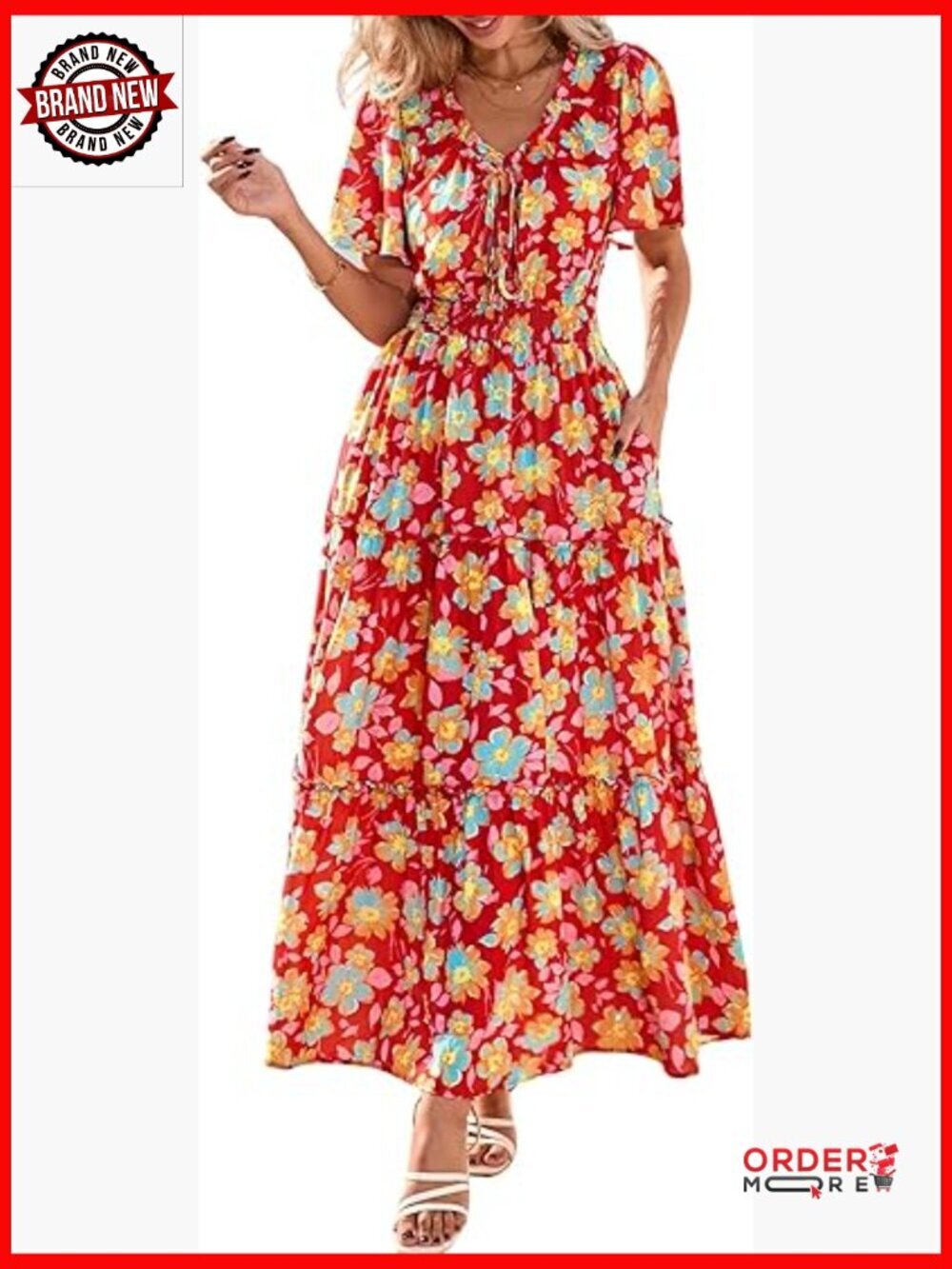 Boho Floral Tiered Ruffle Maxi Dress V-Neck Smocked Waist